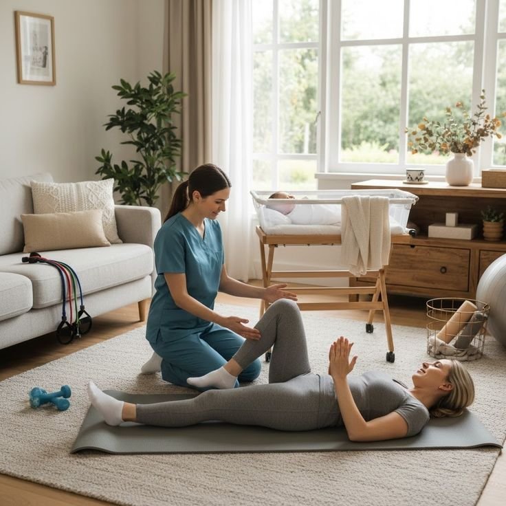 Physiotherapist treating patient at home